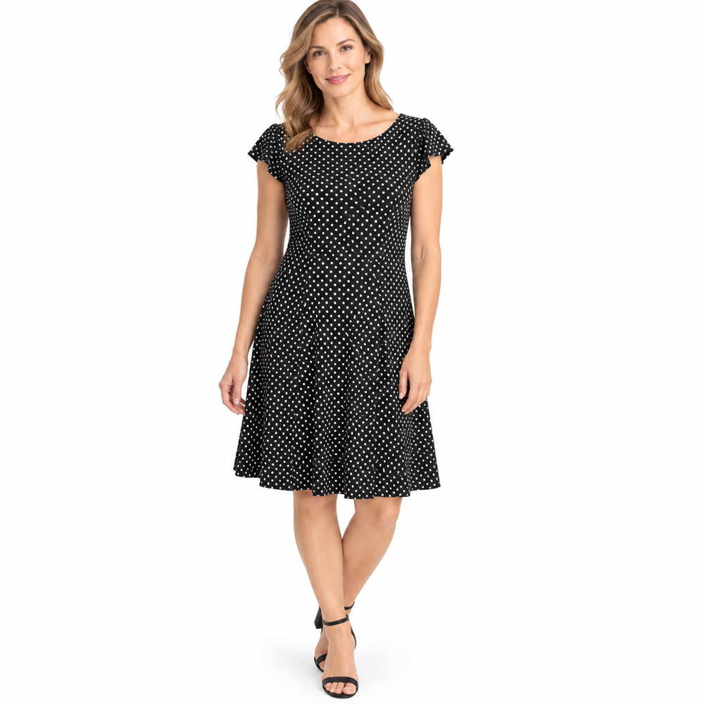 Nine & Co Black White Polka Dot Cap Sleeve Knee Length Jersey Knit Dress sz 8